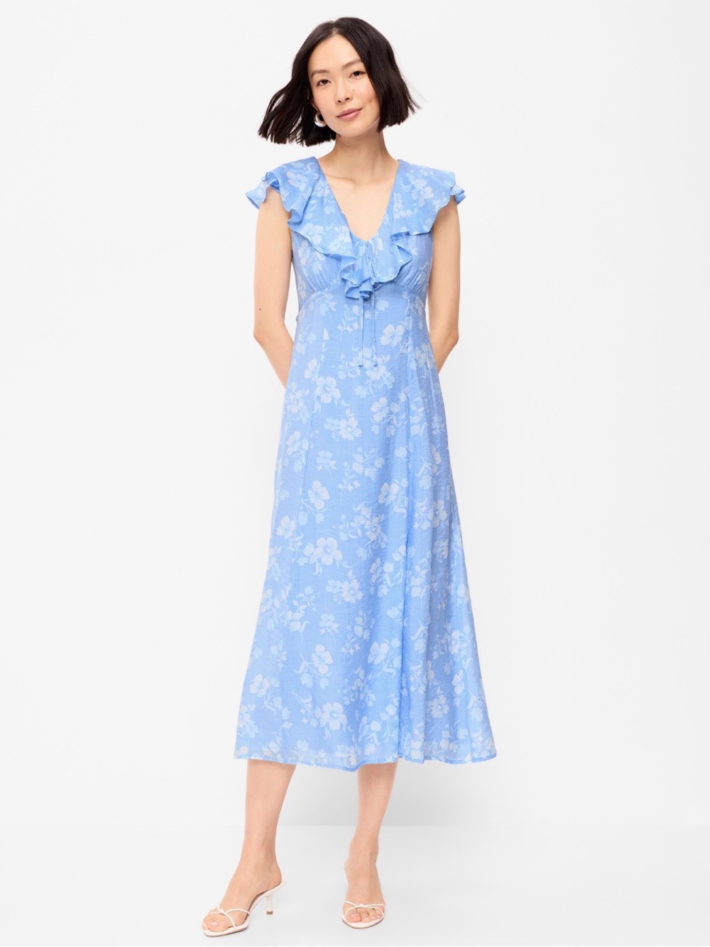 Old Navy Light Blue Floral Ruffle-Sleeve Fit & Flare Midi Dress
